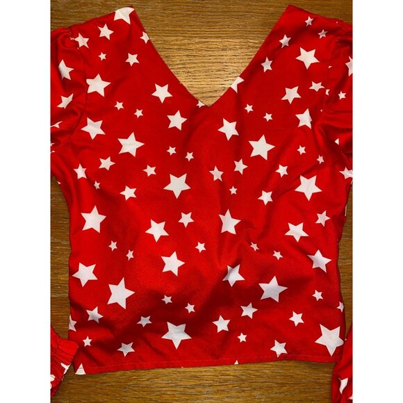 Red & White Star Pattern Long Sleeve Crop Top With Tie Back - Picture 2 of 5